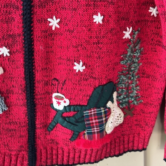 Vtg Coldwater Creek Cotton Ramie Zip Up Winter Themed Cardigan Red Novelty - Picture 3 of 13